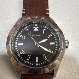 Elevon Men's Watch Black Dial 42mm Case New Band & Battery 22mm Leather (B26)